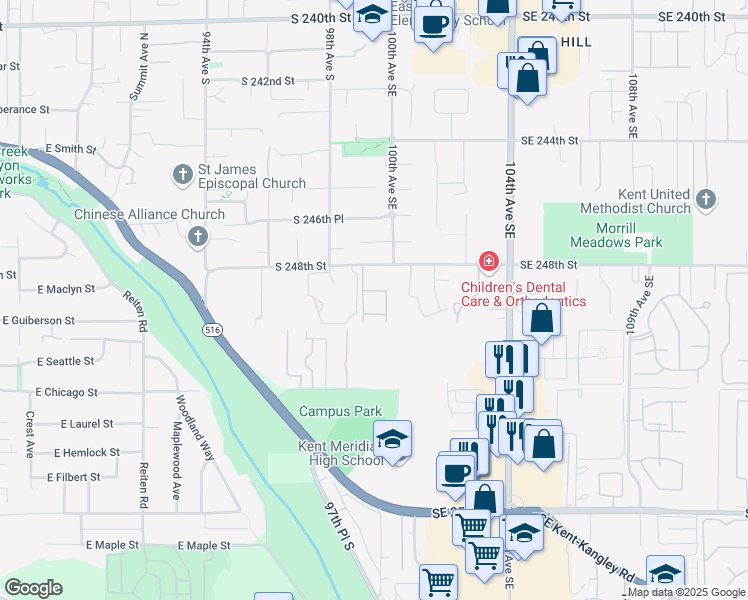 map of restaurants, bars, coffee shops, grocery stores, and more near 24802 99th Place South in Kent