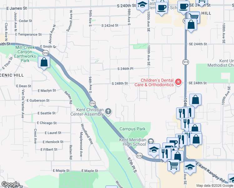 map of restaurants, bars, coffee shops, grocery stores, and more near 9623 South 248th Street in Kent