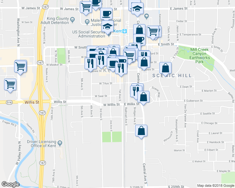 map of restaurants, bars, coffee shops, grocery stores, and more near 205 West Saar Street in Kent