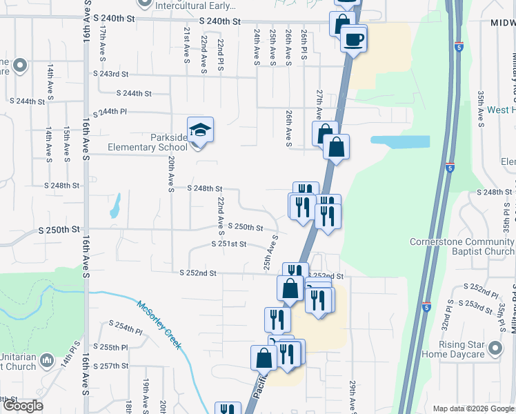 map of restaurants, bars, coffee shops, grocery stores, and more near 2320 South 249th Street in Kent