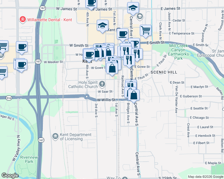 map of restaurants, bars, coffee shops, grocery stores, and more near 205 West Saar Street in Kent