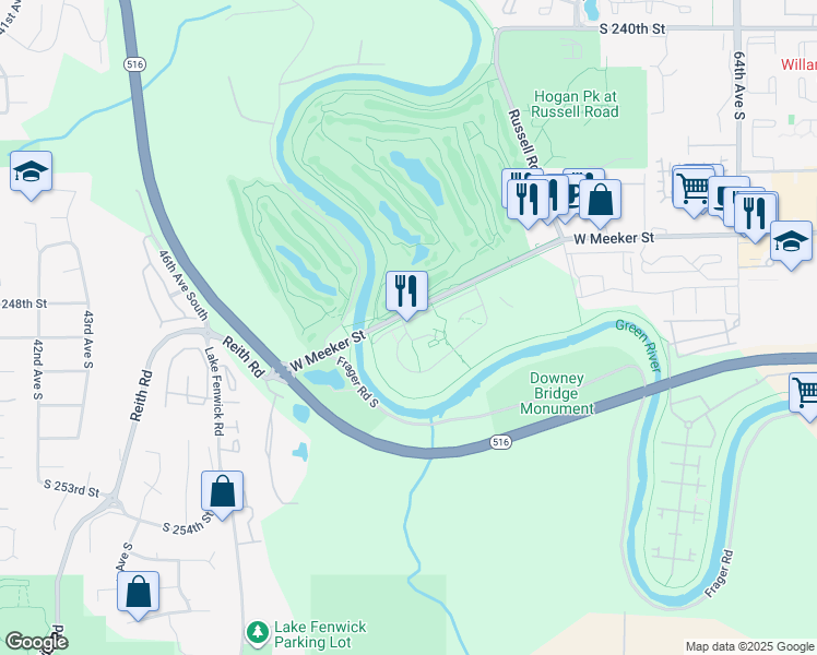 map of restaurants, bars, coffee shops, grocery stores, and more near 2200 West Meeker Street in Kent