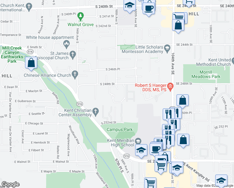 map of restaurants, bars, coffee shops, grocery stores, and more near 9803 South 248th Street in Kent