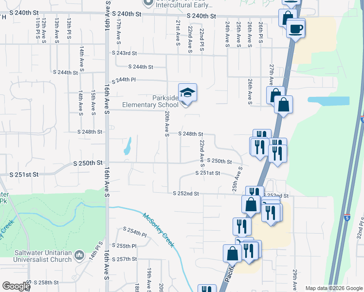 map of restaurants, bars, coffee shops, grocery stores, and more near 24817 21st Avenue South in Kent