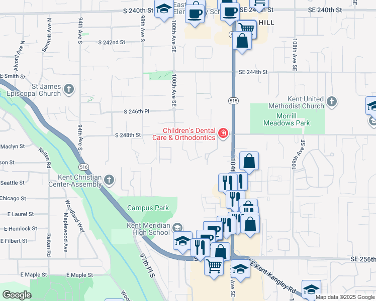 map of restaurants, bars, coffee shops, grocery stores, and more near 24826 100th Place Southeast in Kent