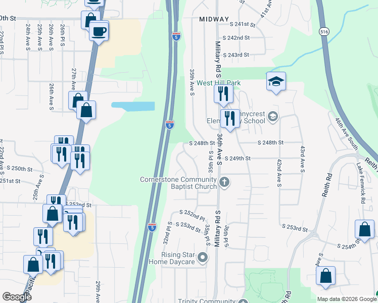 map of restaurants, bars, coffee shops, grocery stores, and more near 24820 35th Avenue South in Kent