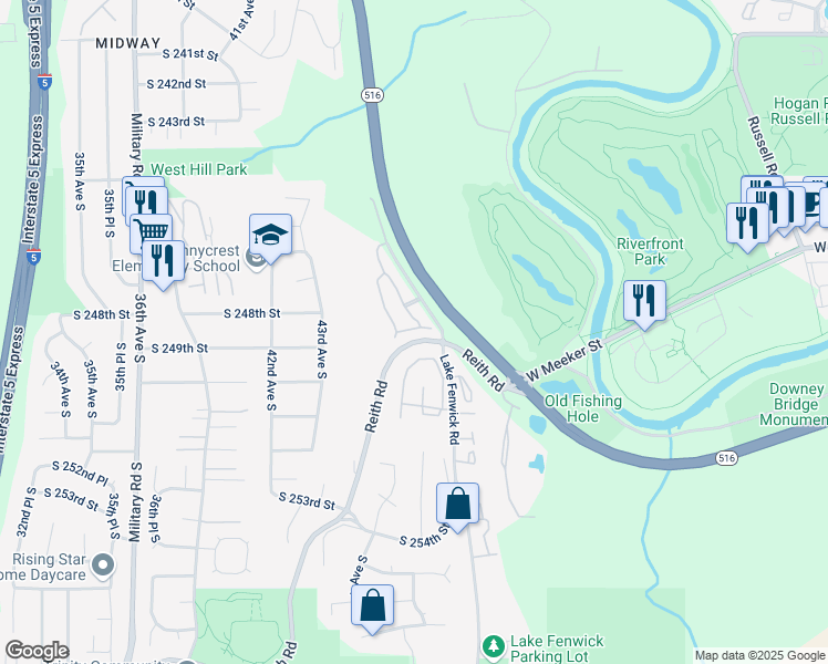 map of restaurants, bars, coffee shops, grocery stores, and more near 4529 South 248th Place in Kent