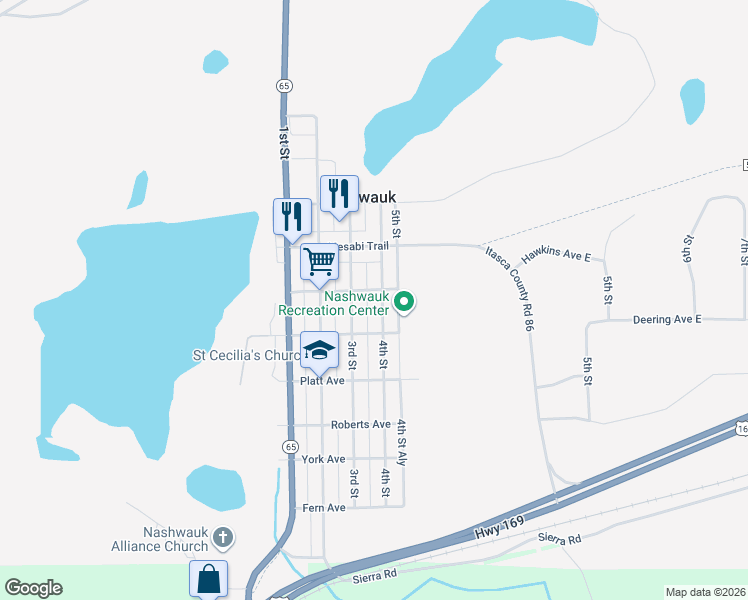 map of restaurants, bars, coffee shops, grocery stores, and more near 207 4th St in Nashwauk