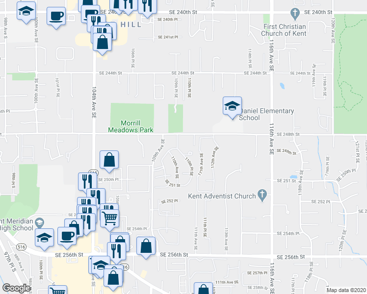 map of restaurants, bars, coffee shops, grocery stores, and more near 11053 SE 249th Ct in Kent