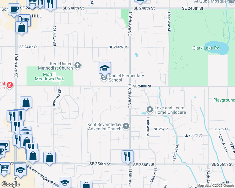 map of restaurants, bars, coffee shops, grocery stores, and more near 24823 115th Avenue Southeast in Kent