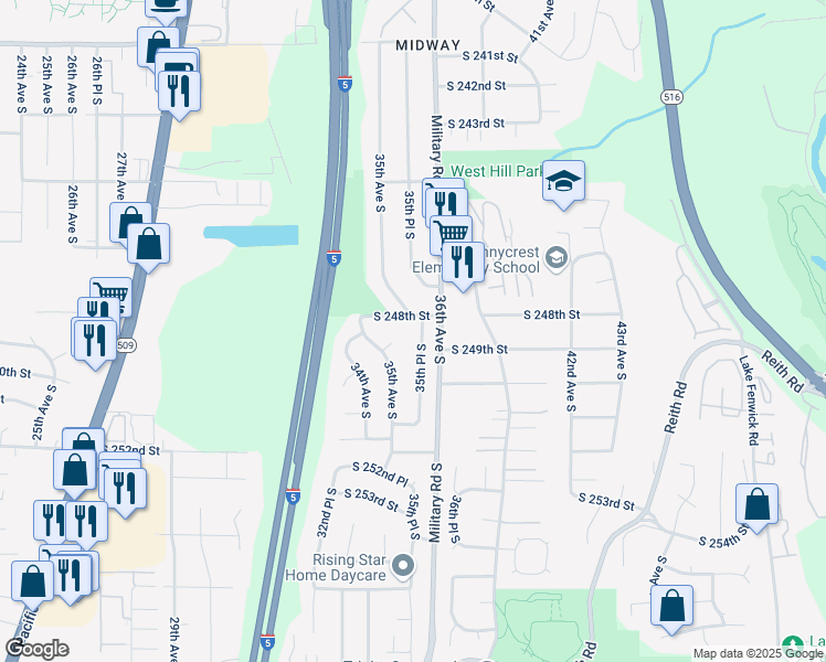 map of restaurants, bars, coffee shops, grocery stores, and more near 24809 35th Place South in Kent