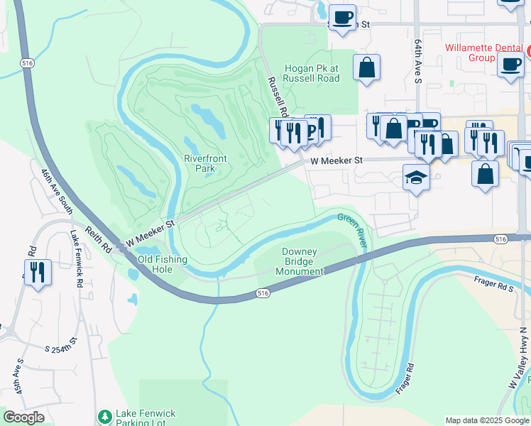 map of restaurants, bars, coffee shops, grocery stores, and more near 2020 West Meeker Street in Kent