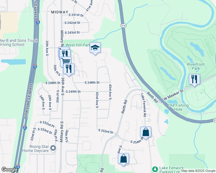 map of restaurants, bars, coffee shops, grocery stores, and more near 4227 South 248th Street in Kent