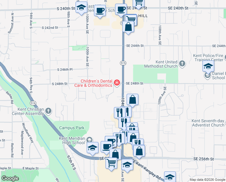 map of restaurants, bars, coffee shops, grocery stores, and more near 24815 103rd Avenue Southeast in Kent