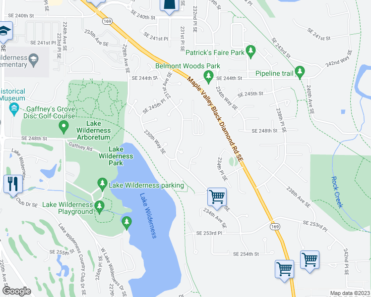 map of restaurants, bars, coffee shops, grocery stores, and more near 23110 Southeast 249th Court in Maple Valley
