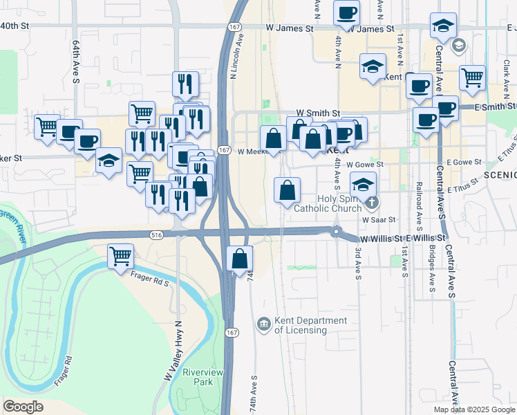 map of restaurants, bars, coffee shops, grocery stores, and more near 318 1/2 Naden Avenue South in Kent