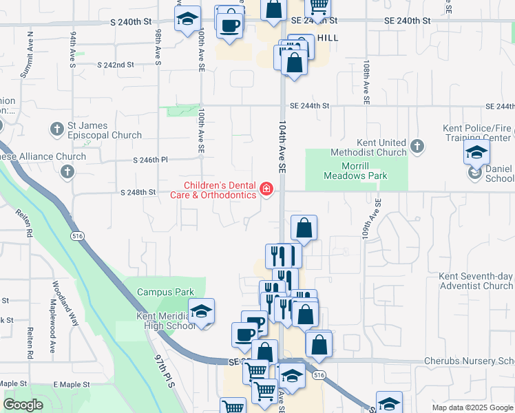 map of restaurants, bars, coffee shops, grocery stores, and more near 24815 103rd Avenue Southeast in Kent