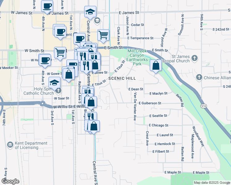 map of restaurants, bars, coffee shops, grocery stores, and more near 414 North Kennebeck Avenue in Kent
