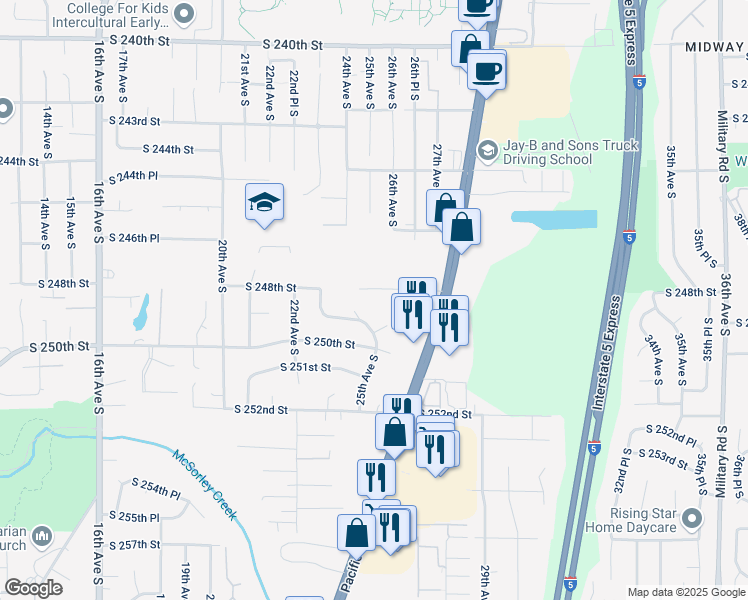 map of restaurants, bars, coffee shops, grocery stores, and more near 2511 South 248th Street in Kent