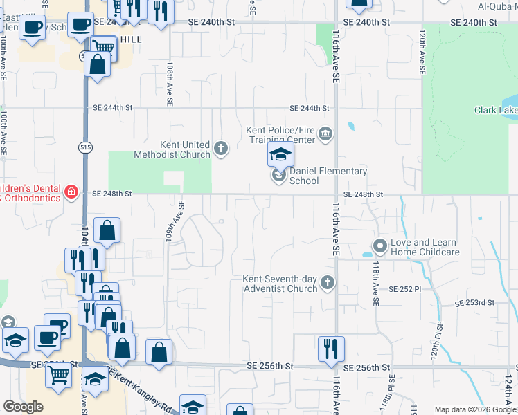 map of restaurants, bars, coffee shops, grocery stores, and more near 24910 112th Avenue Southeast in Kent