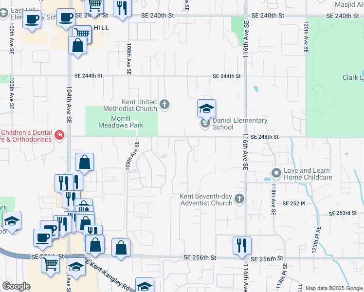 map of restaurants, bars, coffee shops, grocery stores, and more near 24832 110th Court Southeast in Kent