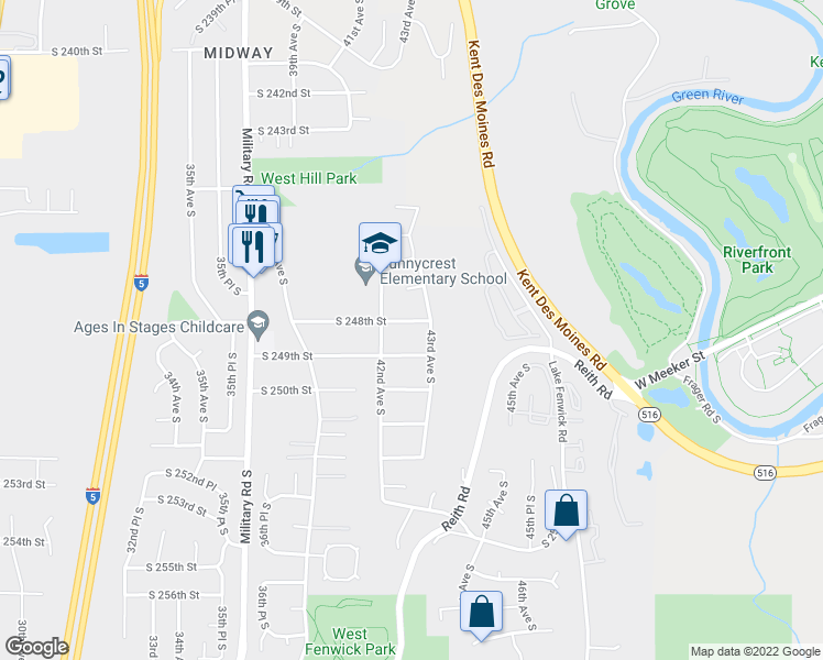 map of restaurants, bars, coffee shops, grocery stores, and more near 4227 South 248th Street in Kent