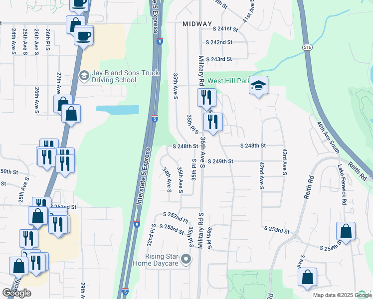 map of restaurants, bars, coffee shops, grocery stores, and more near 24809 35th Place South in Kent