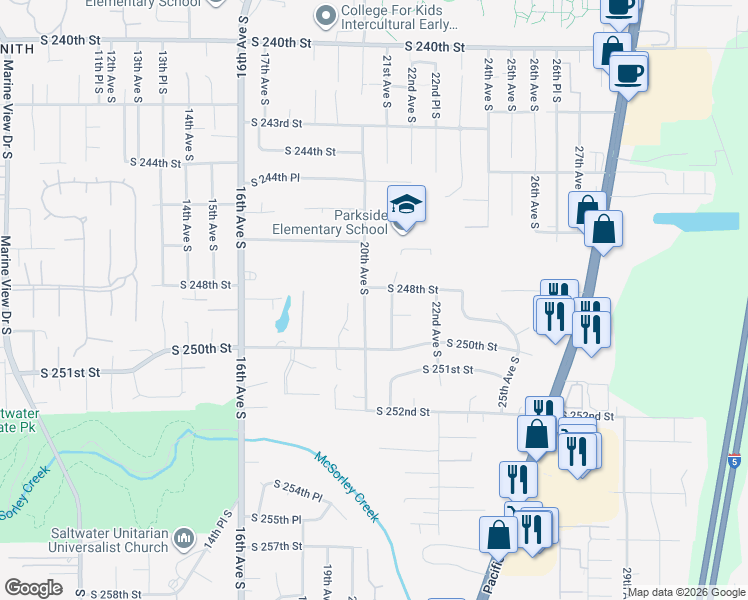 map of restaurants, bars, coffee shops, grocery stores, and more near 24817 21st Avenue South in Kent