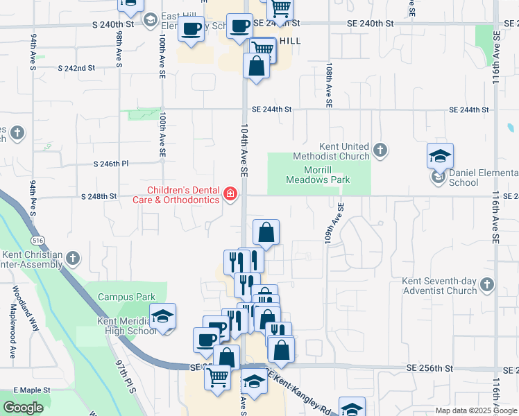 map of restaurants, bars, coffee shops, grocery stores, and more near 10421 Southeast 248th Street in Kent