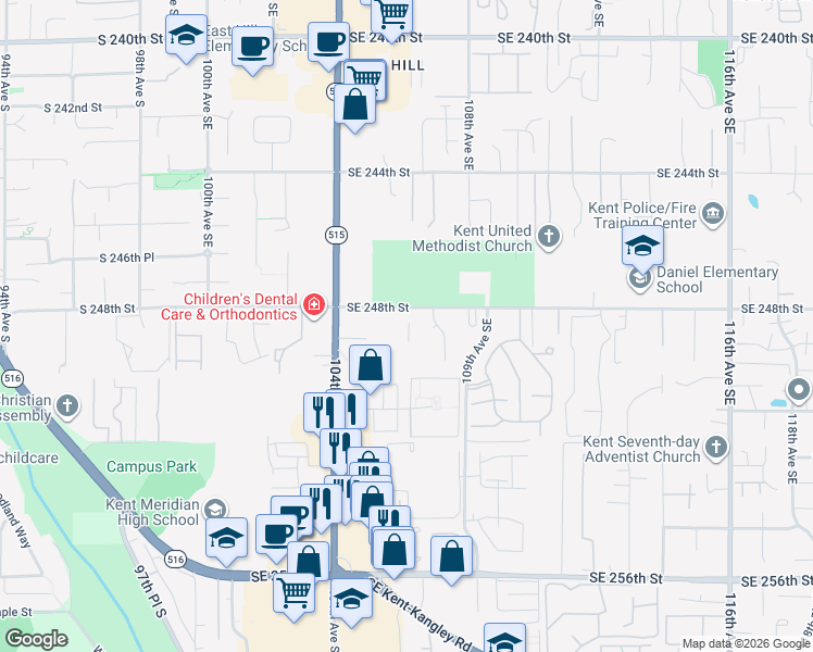 map of restaurants, bars, coffee shops, grocery stores, and more near 10609 Southeast 248th Street in Kent