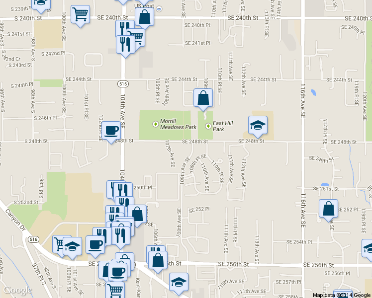 map of restaurants, bars, coffee shops, grocery stores, and more near 10805 Southeast 248th Street in Kent