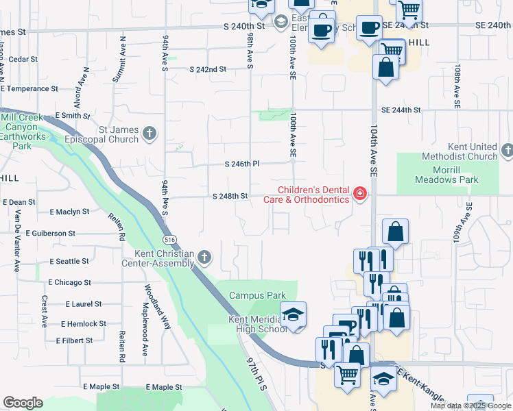 map of restaurants, bars, coffee shops, grocery stores, and more near 9803 South 248th Street in Kent