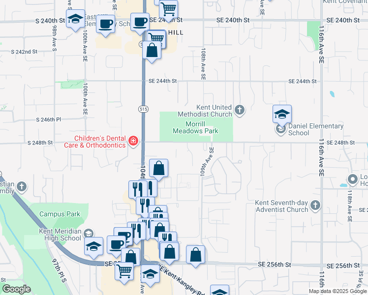 map of restaurants, bars, coffee shops, grocery stores, and more near 24825 107th Avenue Southeast in Kent