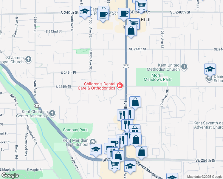 map of restaurants, bars, coffee shops, grocery stores, and more near 10103 Southeast 248th Court in Kent