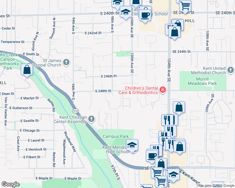 map of restaurants, bars, coffee shops, grocery stores, and more near 9803 South 248th Street in Kent