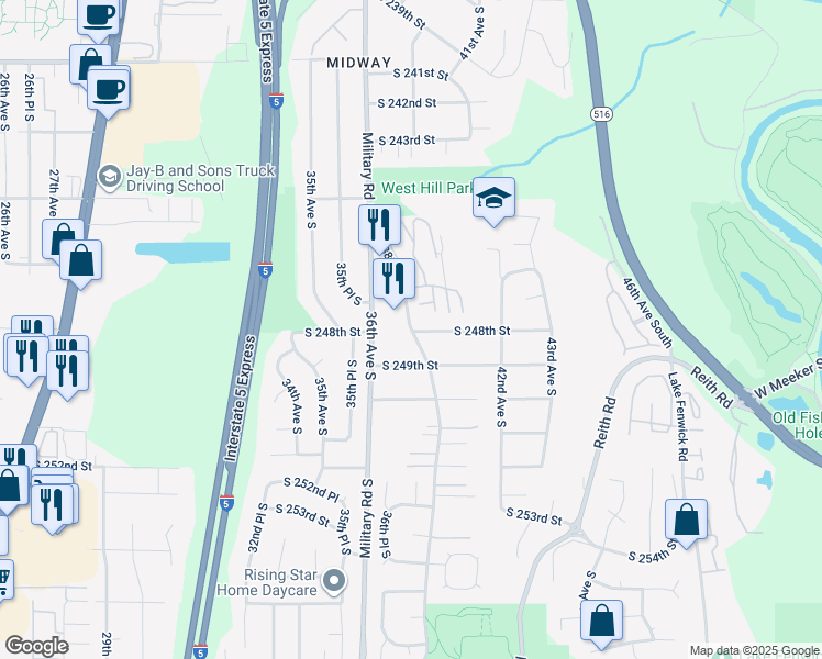 map of restaurants, bars, coffee shops, grocery stores, and more near 38th Avenue South in Kent