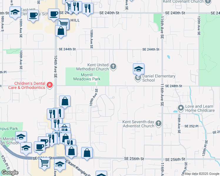 map of restaurants, bars, coffee shops, grocery stores, and more near 11053 Southeast 249th Court in Kent