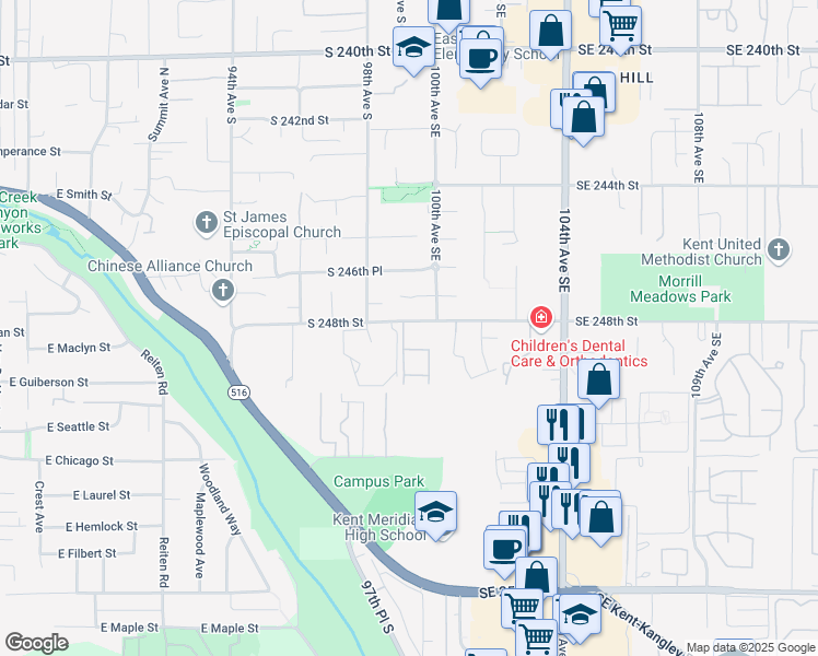 map of restaurants, bars, coffee shops, grocery stores, and more near 24802 99th Place South in Kent