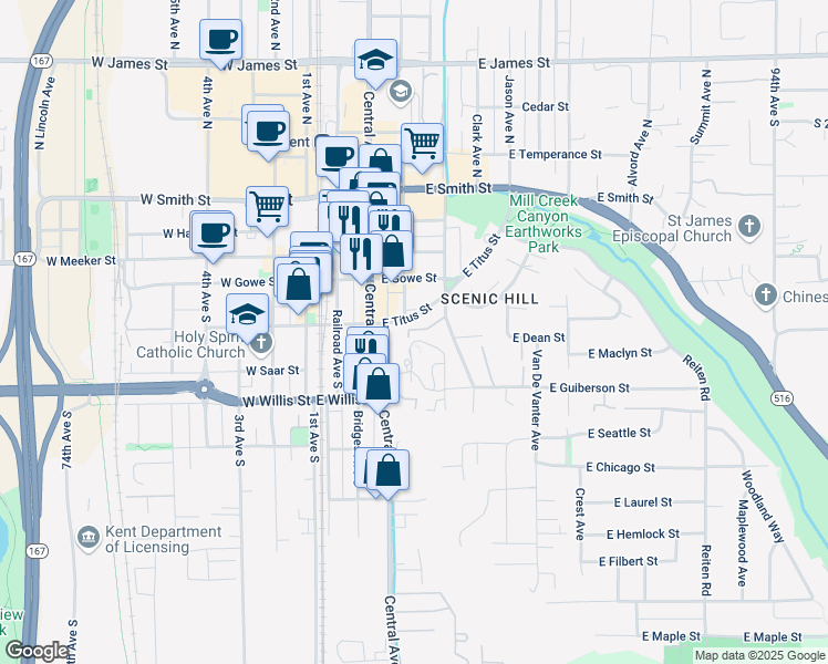 map of restaurants, bars, coffee shops, grocery stores, and more near 458 Scenic Way in Kent
