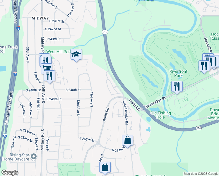 map of restaurants, bars, coffee shops, grocery stores, and more near 24827 45th Avenue South in Kent