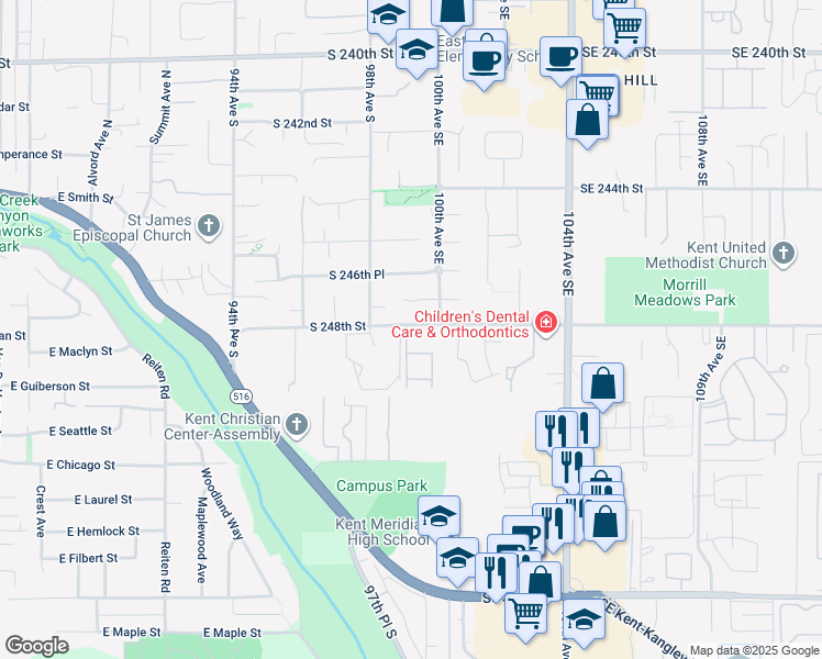 map of restaurants, bars, coffee shops, grocery stores, and more near 24802 99th Place South in Kent