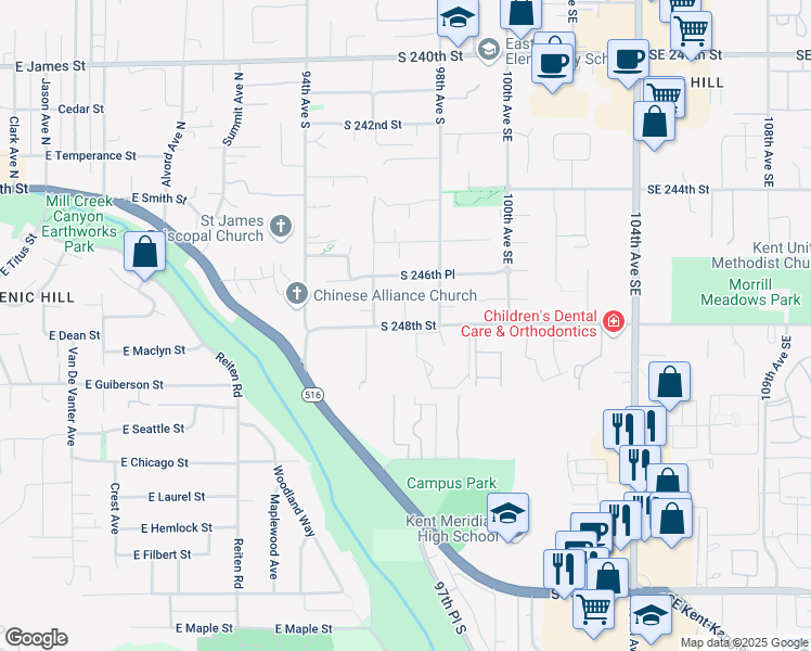 map of restaurants, bars, coffee shops, grocery stores, and more near South 248th Street in Kent