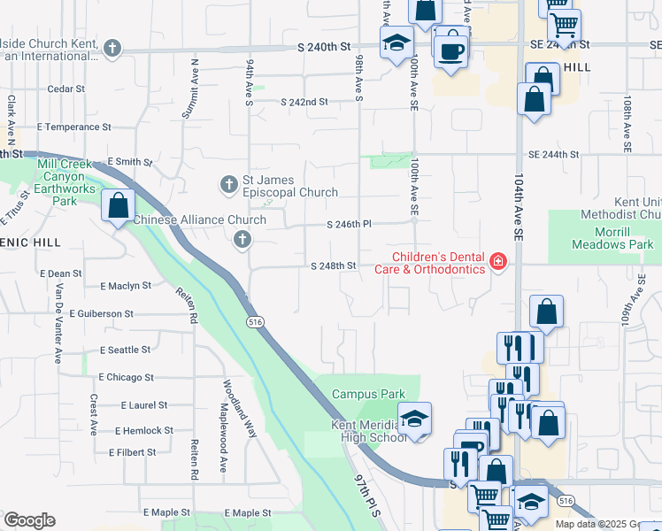 map of restaurants, bars, coffee shops, grocery stores, and more near South 248th Street in Kent