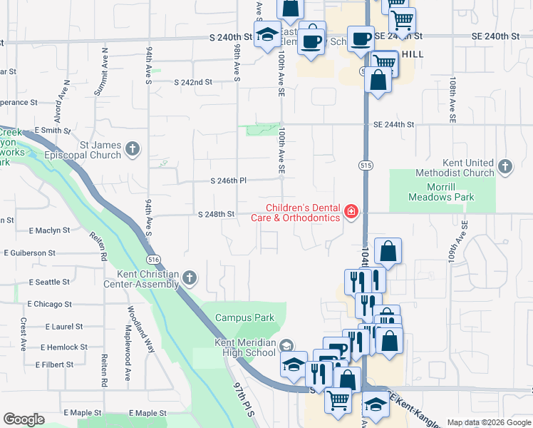 map of restaurants, bars, coffee shops, grocery stores, and more near 9903 South 248th Street in Kent