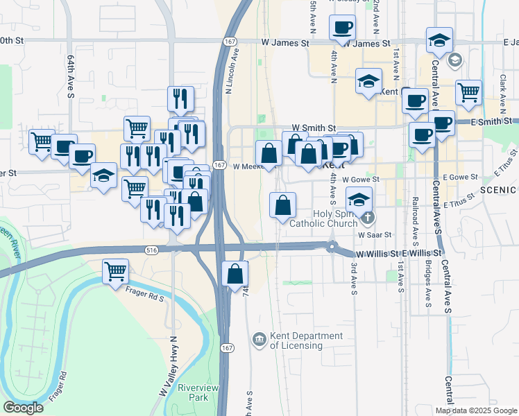 map of restaurants, bars, coffee shops, grocery stores, and more near 318 1/2 Naden Avenue South in Kent