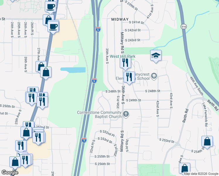 map of restaurants, bars, coffee shops, grocery stores, and more near 24820 35th Avenue South in Kent