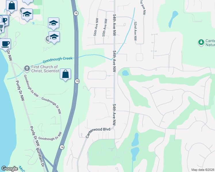 map of restaurants, bars, coffee shops, grocery stores, and more near 5421 133rd Street Court Northwest in Gig Harbor
