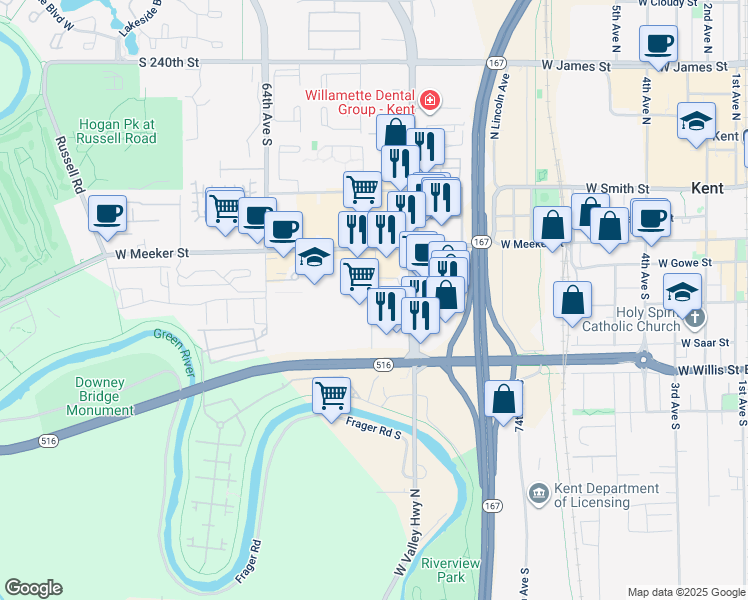 map of restaurants, bars, coffee shops, grocery stores, and more near 1236 West Meeker Street in Kent