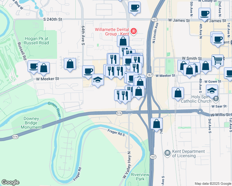 map of restaurants, bars, coffee shops, grocery stores, and more near 24800 West Valley Highway in Kent