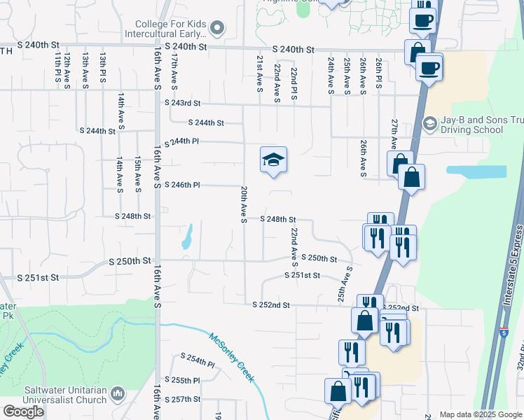 map of restaurants, bars, coffee shops, grocery stores, and more near 24701 21st Avenue South in Des Moines